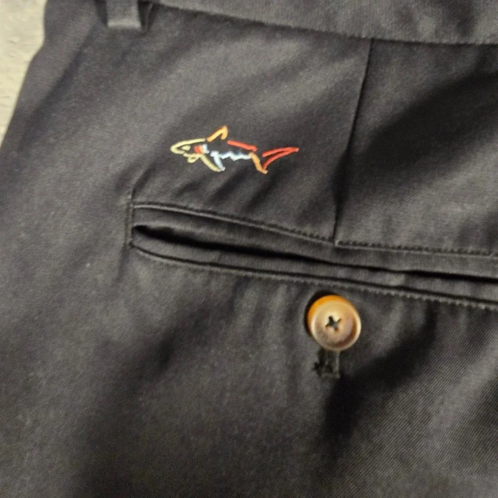 Greg Norman Mens Black Golf Pants Performance Flat Front Shark Logo 40x30